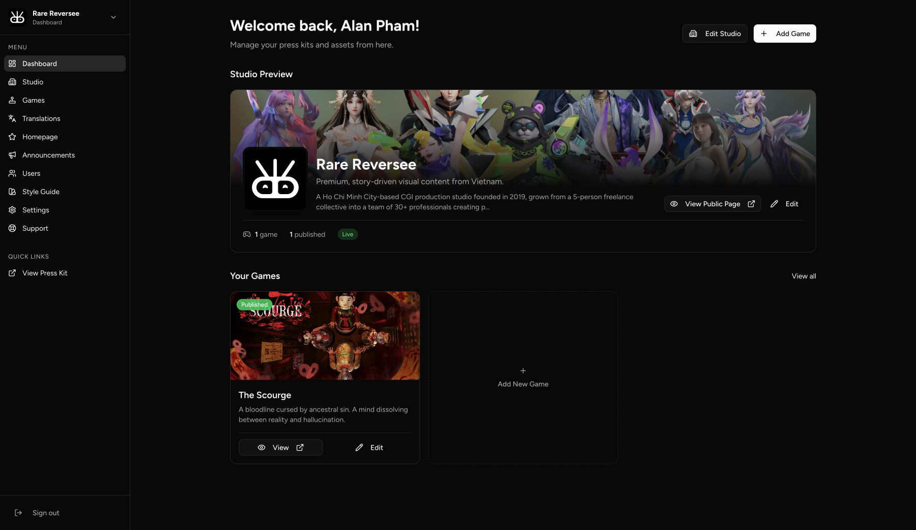 GamePressKit studio dashboard