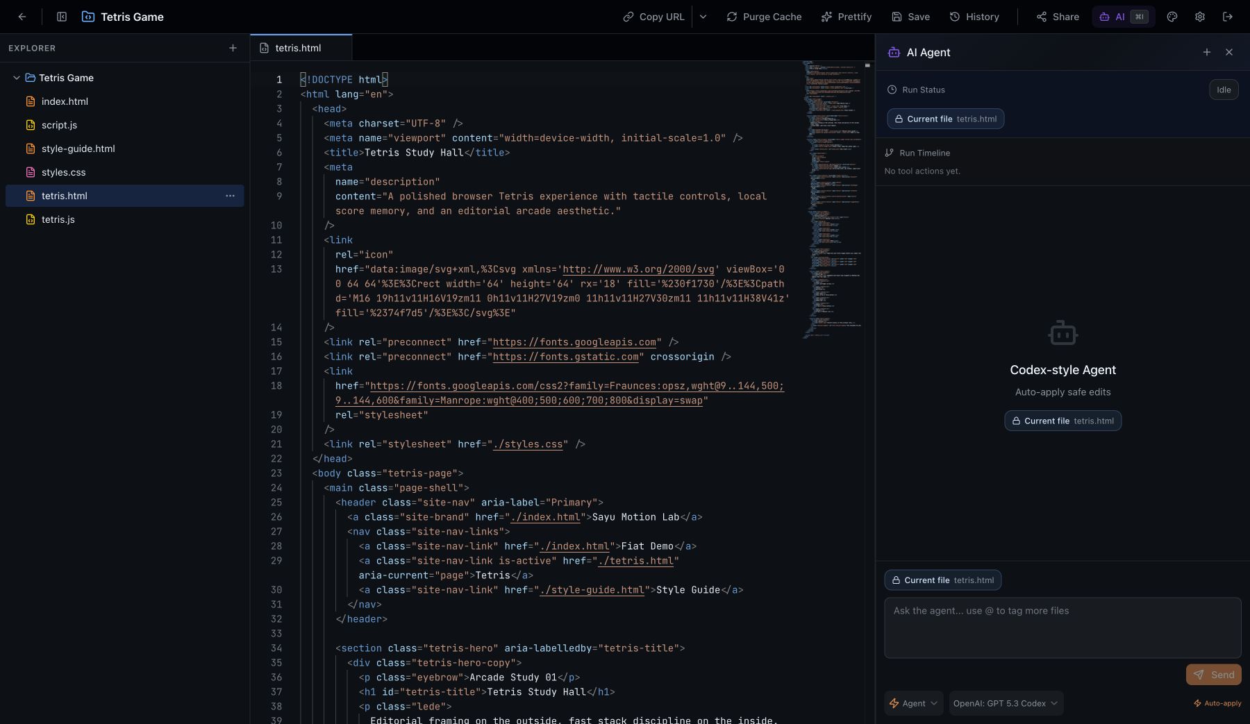 Public Code editor workspace with file explorer, code editor, and AI agent panel