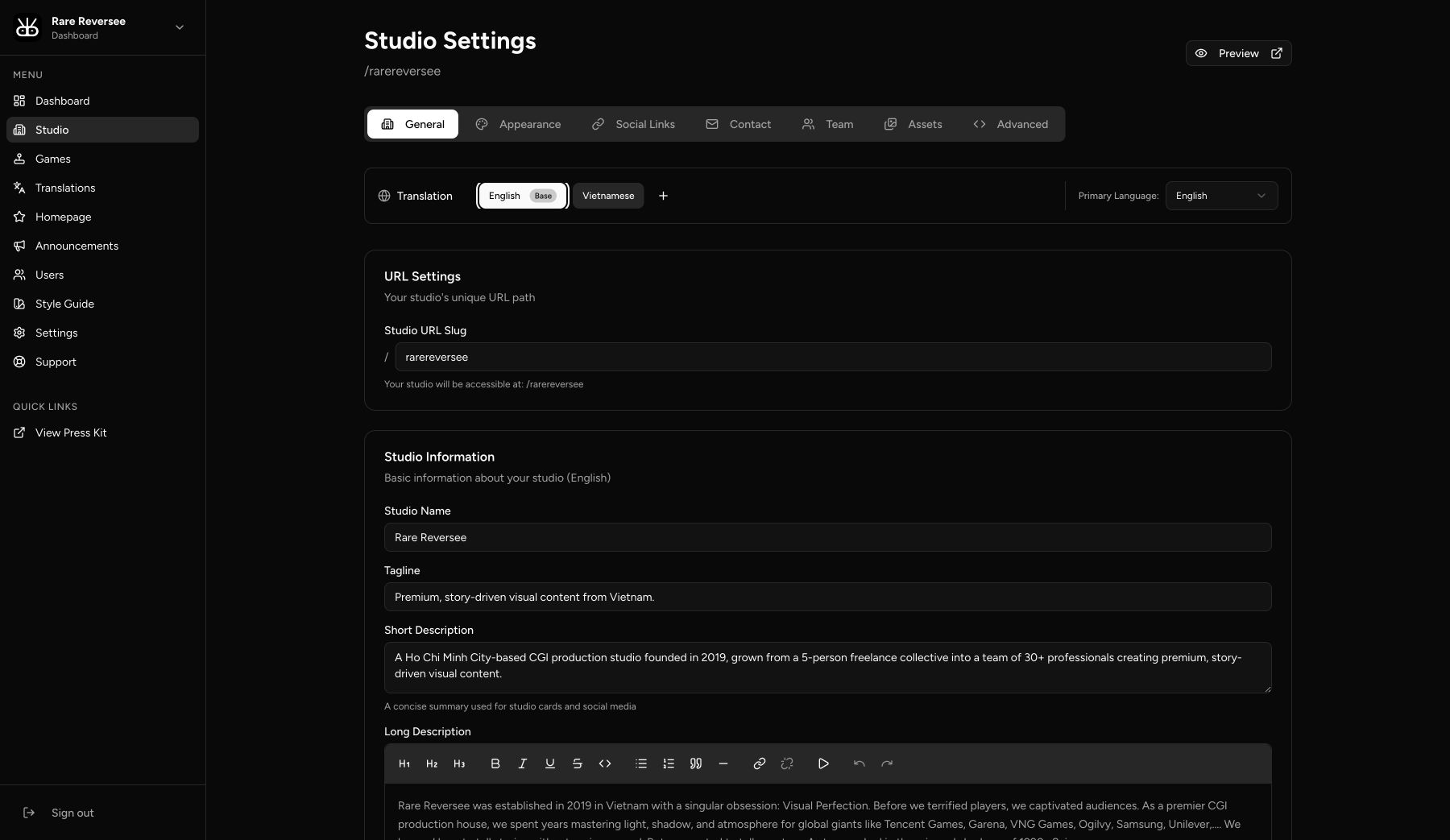 GamePressKit studio settings editor